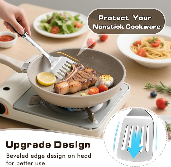 4 Pcs Cooking Utensils Set, Stainless Steel Kitchen Utensils, Heat Resistant Metal Kitchen Tools Include Solid & Slotted Turner Wok Spatula, Serving Spoon, Ergonomic Handle, Easy to Clean, Silver