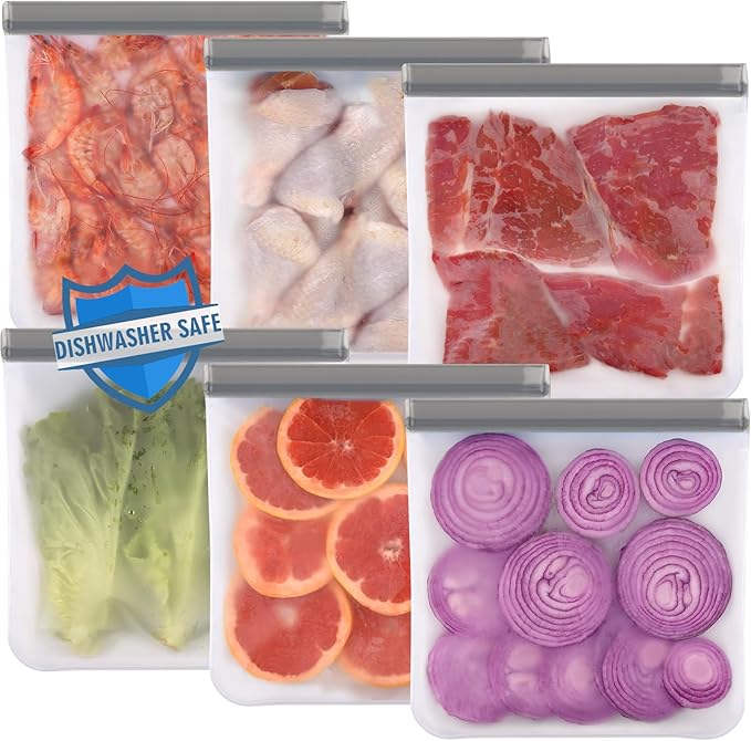 Lerine 6 Pack Reusable Gallon Freezer Bags Dishwasher Safe, BPA Free Reusable 1 Gallon Bags, Leakproof Food Storage Bags for Marinate Meats, Cereal, Vegetables, Home Organization(Grey)