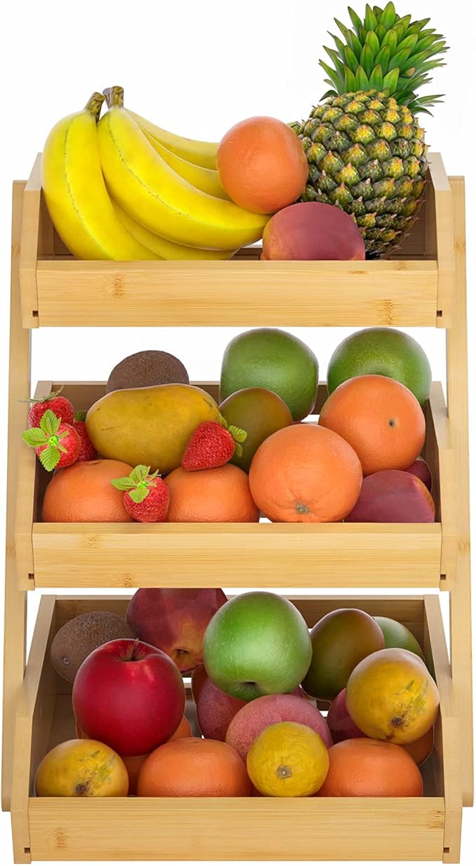 Large 3 Tier Bamboo Fruit Basket Stand for Kitchen Countertop – Fruit Holder – Suitable for Bread, Vegetables, Produce, Home Storage and Display