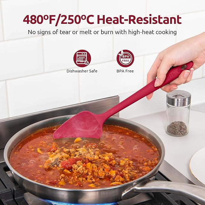 U-Taste Silicone Baking Spatula Set: 480ºF High Heat Resistant, Food Grade Flexible Rubber Kitchen Cooking Mixing Scraper, Food Grade Seamless Utensil for Nonstick Cookware Set of 3 (Red)