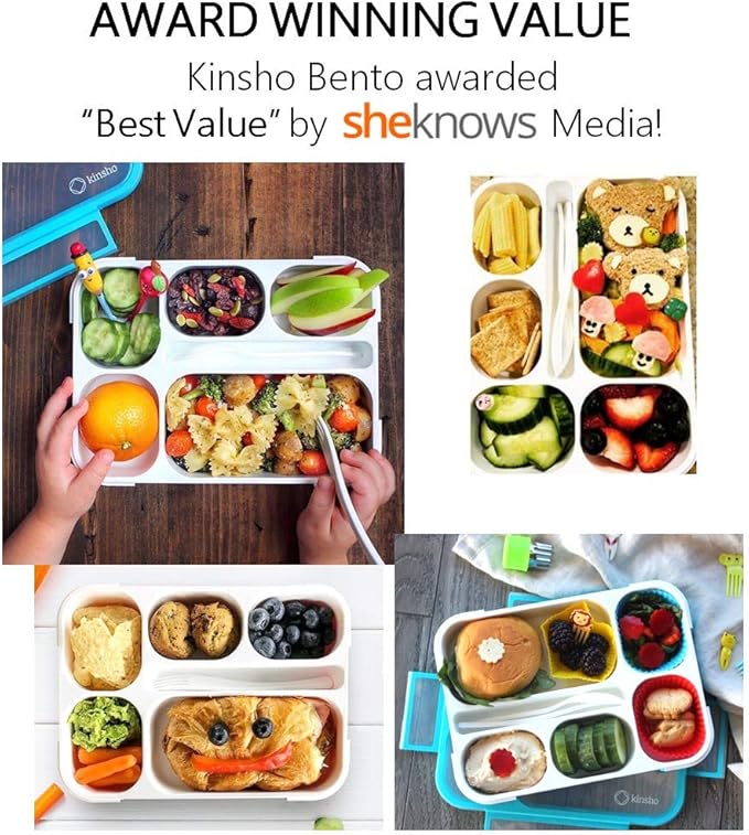 Bento-Box Lunch Box & Portion Control Snack Container Set, Leakproof Lunch-Boxes, Containers for School Meal Prep, Kids Boys Girls Adults, BPA Free, Utensils, Blue Large and MINI 2 pack