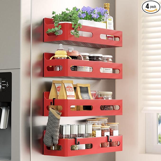 4 Pack Magnetic Spice Rack for Refrigerator, Spice Rack Organizer, Moveable Magnetic Shelf Fridge Organizer with 4 Hooks for Kitchen and Oven Organization, Red
