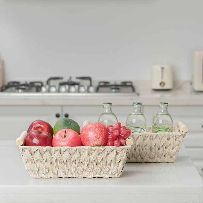 GRANNY SAYS 2-Pack Wicker Storage Baskets, Storage Baskets for Shelves, Trapezoid Wicker Basket with Handles, Waterproof Woven Basket, Basket for Shelves, Butter Milk