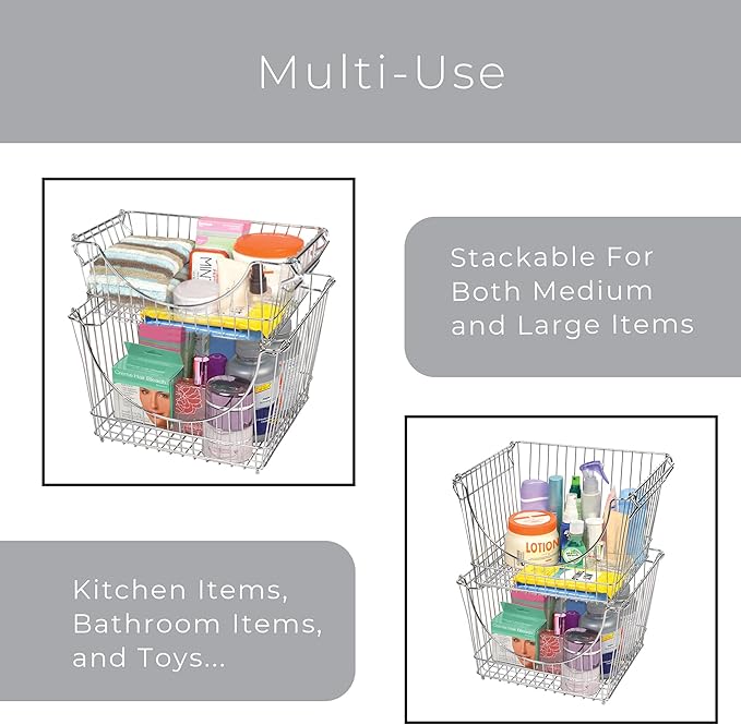 Smart Design Stacking Baskets with Handles - Set of 2 Large - Steel Metal Wire - Fruit Produce and Vegetable Safe Storage Bin Organizer - Pantry Counter Stand Rack - 12.5 x 8.5 Inch - Chrome