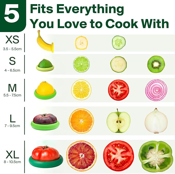Food Huggers 5pc Reusable Silicone Food Savers | BPA Free & Dishwasher Safe | Fruit & Vegetable Produce Storage for Onion, Tomato, Lemon, Banana, Cans & More | Round, Fresh Greens