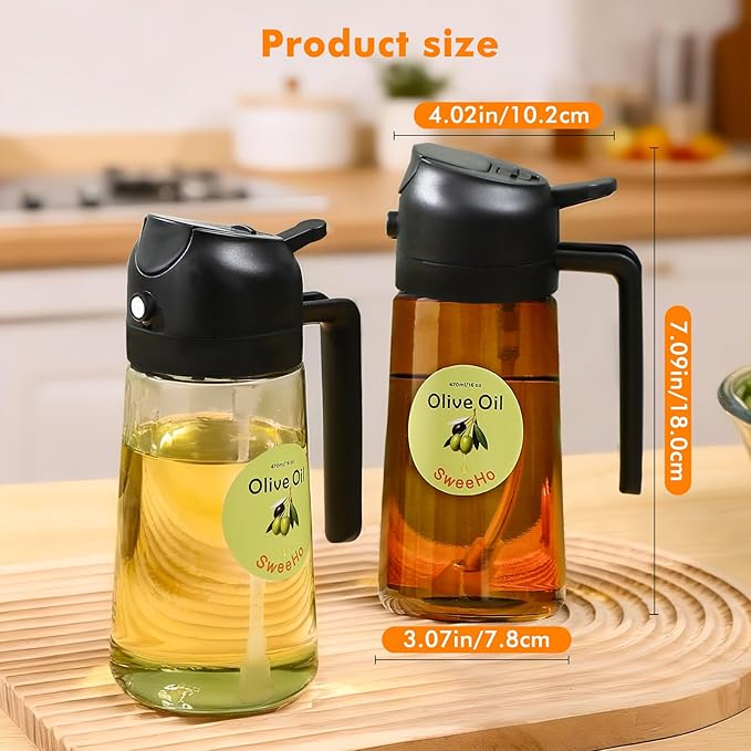 Oil Sprayer for Cooking,470ml Cooking Olive Oil Sprayer and Oil Dispenser 2 In 1, Food-grade Glass Oil Spray Bottle Mister for Air Fryer, BBQ, Griddle (Black+dark brown glass and color label)