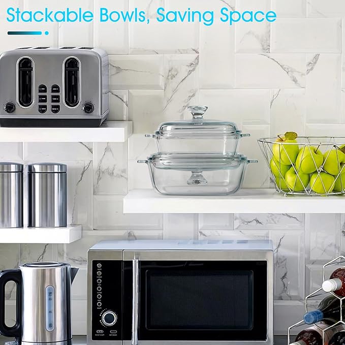 NUTRIUPS Mini Glass Casserole Dish with Lid Oven Safe Square Casserole Dish Set 2 Pack (5.9in+6.8in) Microwave Bowl With Glass Lid （0.8L+1.2L）