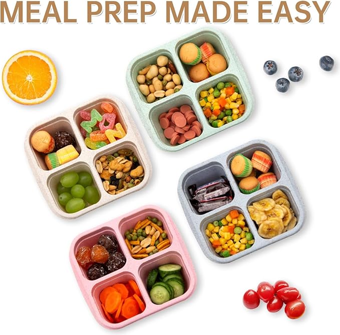 4 Pack Bento Lunch Box，4 Compartment Snack Containers，Divided Bento Snack Box，Meal Prep Containers Kids/Toddle/Adults,Food Storage Containers for School, Work and Travel
