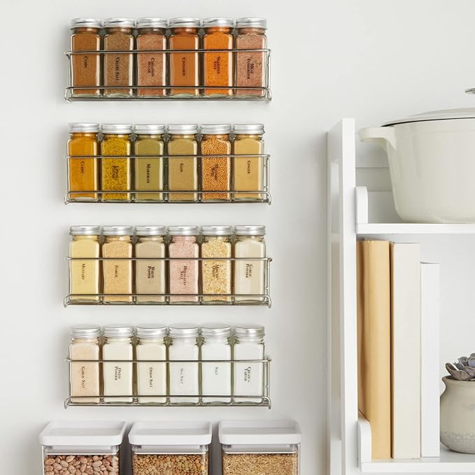 Talented Kitchen Spice Rack Organizer - 4 Stainless Steel Wall-Mounted Racks - 24 4 oz Glass Jars & 269 Preprinted Labels, Chrome - Kitchen & Cabinet Seasoning Organizer for Space Saving Spice Storage