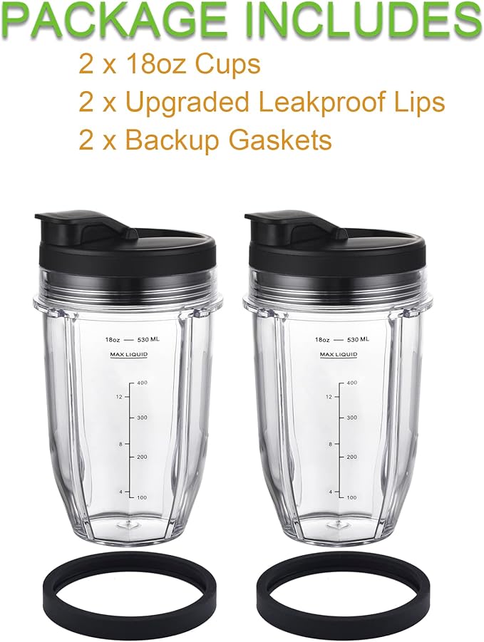 [Upgraded] Replacement 18oz Cups for Nutri Ninja Blenders, Blender Replacement Parts with Upgraded Lid For Auto-IQ BL480, BL482, BL490, BL640, BL642, & BL680 Auto IQ Series Blenders., 2 Pack