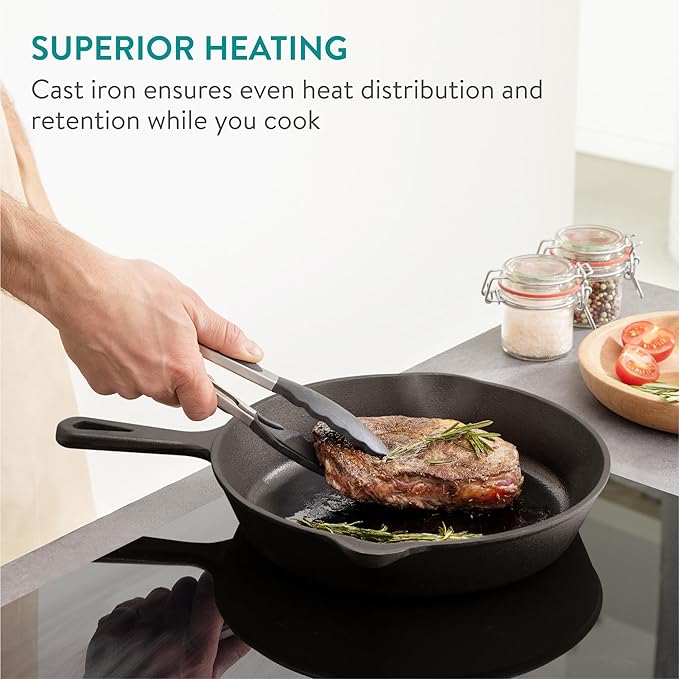 Navaris Cast Iron Skillet, 3 Pieces - Durable 15cm/20cm/25cm Cast-Iron Pan Set - Excellent Heat Retention, Ideal for Frying, Searing, and Sautéing - All-in-one Cookware Pot Set