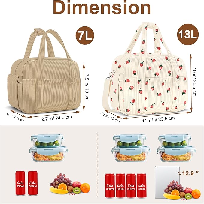 Corduroy Lunch Box Lunch Bag for Women Men, Cute Strawberry Small Insulated Reusable Work Leakproof Simple Lunch Boxes Tote Bag Adults Cooler Bag