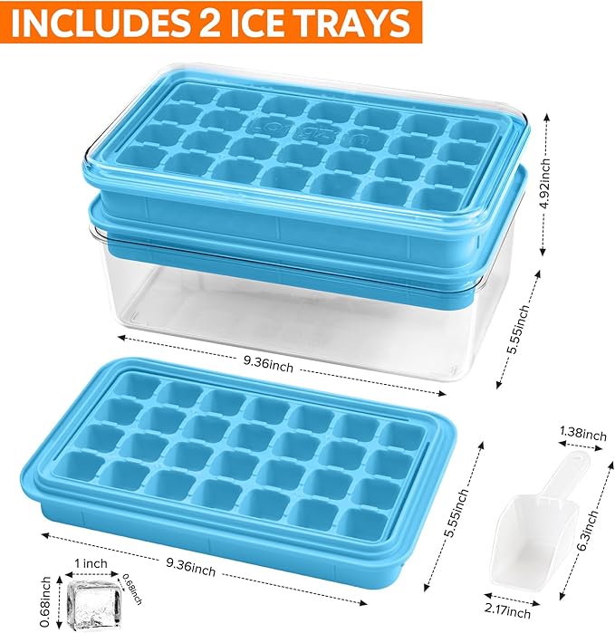 Longzon Ice Cube Tray with Lid and Bin, 56 Pcs Ice Cube Trays for Freezer, Ice Cube Mold, Ice Molds Spill-Resistant Removable Lid & Ice Scoop, Ice Mold for Whiskey Cocktail, Tea, Coffee -Blue