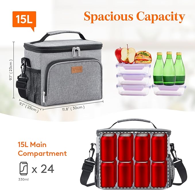 Lifewit Reusable Insulated Lunch Bag for Men, Lunch Box Women, Portable Cooler Freezable Soft Lunchbox Leakproof with Adjustable Shoulder Strap for Adult for Work Picnic or Travel, Grey 15L