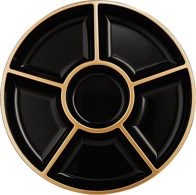 PLASTICPRO 6 Sectional Round Plastic Serving Tray/Platters Black & Gold Pack of 2