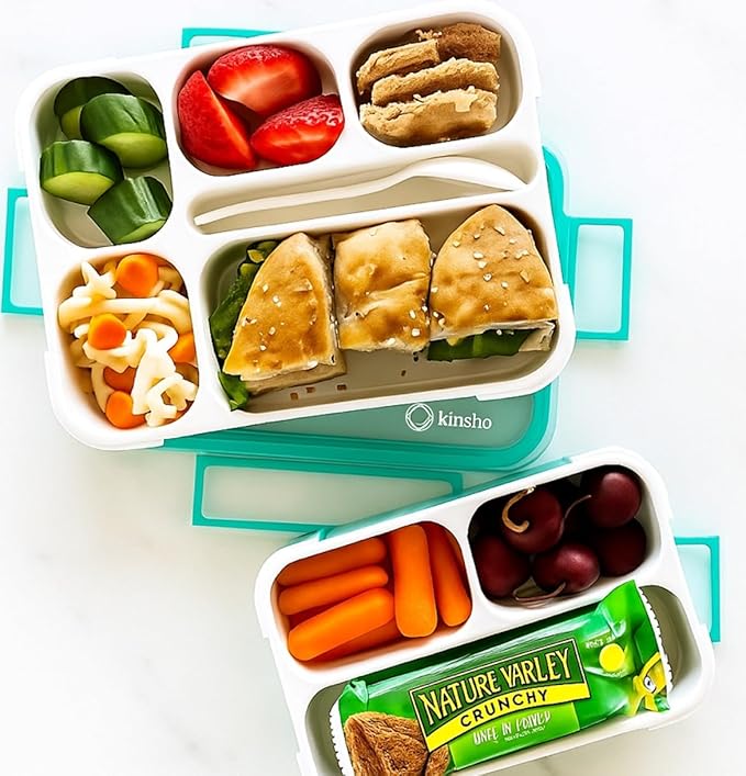 Bento Lunch-Box Set for Kids includes Snack Container | 6 and 3 Compartment Boxes Leakproof School Bentos or Meal Portion Control Containers BPA Free, Boys Girls Adults, Teal Large + MINI 2 pack