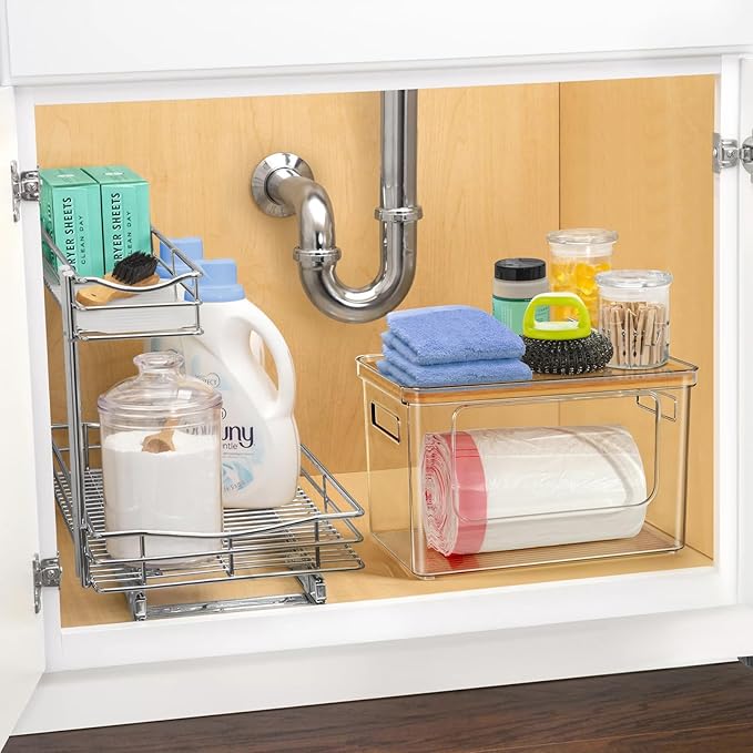 Hudgan Trash Bag Dispenser 2 Pack, Acrylic Garbage Bag Holder with Bamboo Top, Extra Large Trash Bags Holder Dispenser for Pantry Organizer and Under Sink