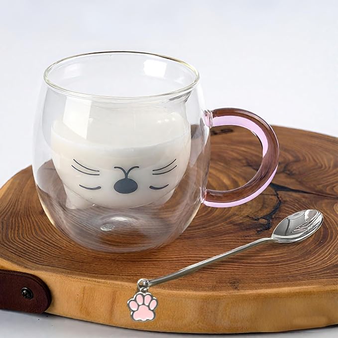 Purple Cat Mug Cute Mugs Glass Double Wall Insulated Glass Espresso Cup, Kawaii Cup, Coffee Cup, Tea Cup, Milk Cup, Best gift for Office and Personal Birthday Christmas (Purple Cat)