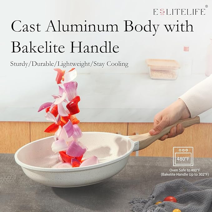 ESLITE LIFE Nonstick Ceramic Frying Pan Skillet, Non-Toxic Egg Omelette Kitchen Cooking Pans Compatible with All Stovetops (Gas, Electric & Induction), PTFE & PFOA Free (White, 9.5'')