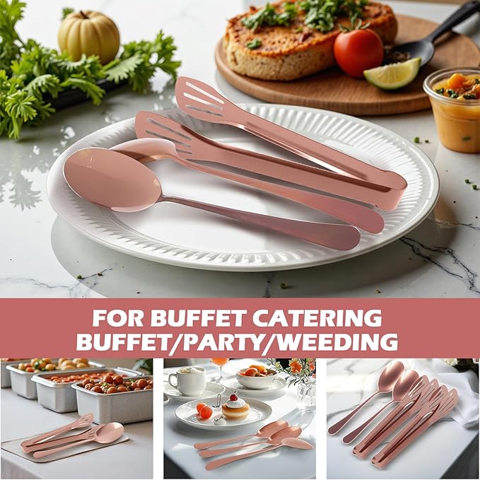 12PCS Stainless Steel Serving Utensils Sets,8 Large Serving Spoons,4 Serving Tongs,Rose Gold Serving Utensills Sets for Buffet Catering Banquet Party (Rose Gold)