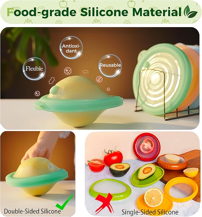 Silicone Reusable Vacuum-Seal Storage Containers for Fridge,Fresh Fruit,Vegetables,Garlic,Onions,Lemons,Potatoes,Meat,for Microwave Oven Heating,Freezer,Dishwasher,Avocado Saver,Tomato Holder,4 Pack