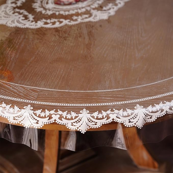 Waterproof Clear Table Cover Protector Vinyl Round Table Cloth with Lace Pattern Oil Spill Proof Wipe Clean Plastic Tablecloths for Dining Tables (French Lace, 55 Inches Round)