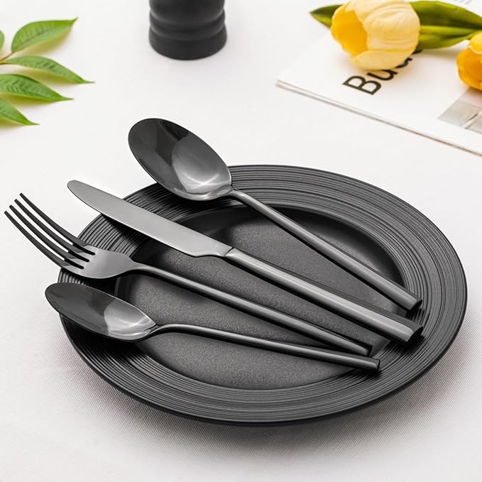 KINGSTONE Black Silverware Set, 20-Piece Forged Flatware Set Cutlery Set Premium Stainless Steel, Service for 4, for Kitchen, Home, Wedding, Party, Mirror Polished and Dishwasher Safe