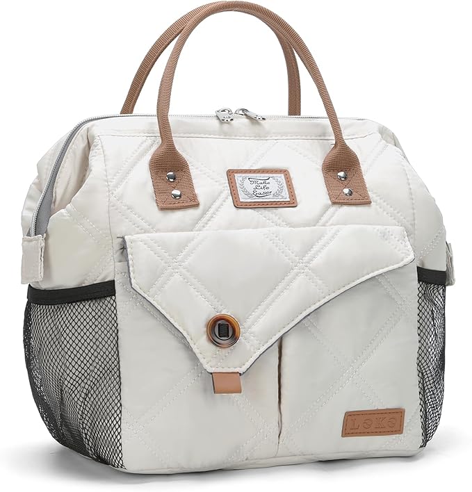 Lekesky Lunch Bag for Women Insulated Lunch Box Leakproof Lunchbox for Adult Work, Quilted Beige