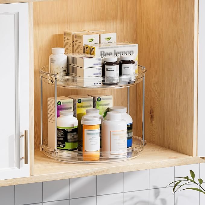 LAMU 2 Pack 2 Tier Lazy Susan Turntable Organizer 10.6'' Rotating Spice Rack Organization for Cabinet, Kitchen, Pantry, Countertop, Bathroom, Vanity, Medicine Cabinet Organizer, Clear