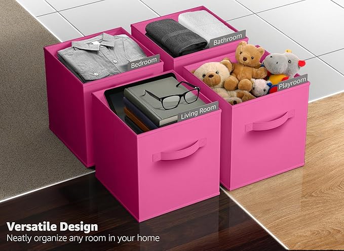Sorbus Foldable Storage Cubes - 6 Pink Storage Bins for Organizing Pantry, Closet, Shelf, Nursery, Playroom, Toy Box, Cubby - 11 Inch Collapsible Fabric Baskets with Handle