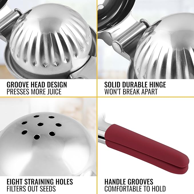 Zulay Kitchen Lemon Squeezer Stainless Steel with Premium Heavy Duty Solid Metal Squeezer Bowl and Food Grade Silicone Handles - Large Manual Citrus Press Juicer and SS Lime Squeezer (Cranberry)