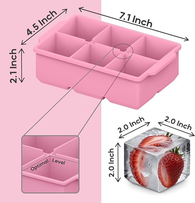 KitchFort Large Silicone Ice Cube Tray (3-Pack), Easy Release 2" Big Ice Cubes - Cocktail, Whiskey Ice Cubes Mold - Ice Trays for Freezer with Lid - Stackable Silicone Ice Tray - Pink