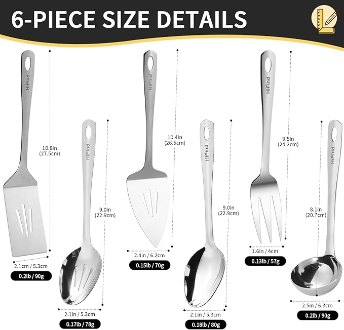 Serving Utensils Set, Stainless Steel Serving Utensils 6 PCS, Durable Heavy Duty Serving Ladle, Solid Serving Spoon, Slotted Serving Spoon, Slotted Turner, Cake Server, Serving Fork
