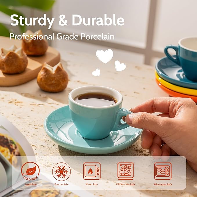 Sweese Espresso Cups with Saucers, 4 Ounce Demitasse Cups, Perfect for Single or Double Espresso, Cappuccino, Latte and Tea - Set of 6, Multicolor, Hot Assorted Colors