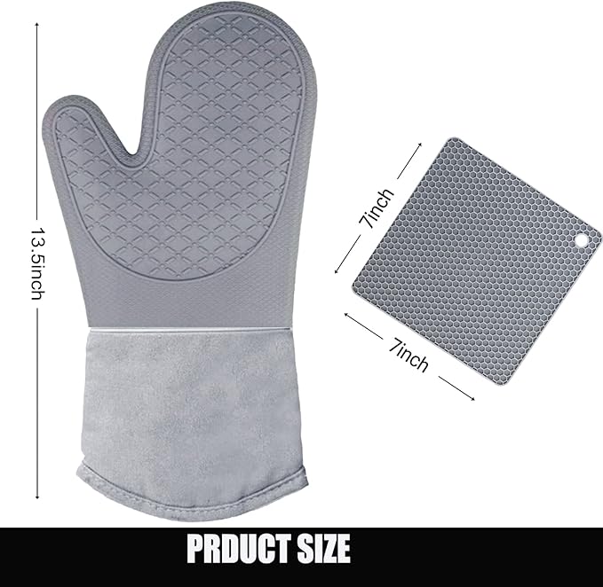 Oven Mitts and Potholders BBQ Gloves-Oven Mitts and Pot Holders with Recycled Infill Silicone Non-Slip Cooking Gloves for Cooking Baking Grilling (4-Piece Set) (Black Grey)