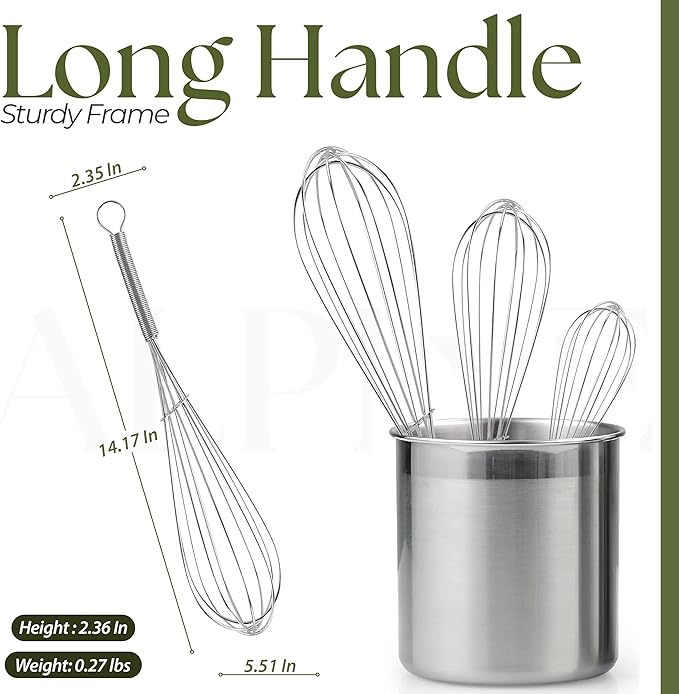 Alpine Cuisine Stainless Steel Wire Whisk 3pc set with Ergonomic Handle | Egg Whisk, Sauce Whisk & Flat Whisk Combined | Space Saving Whisks for Cooking, Baking & Deglazing, Dishwasher Safe