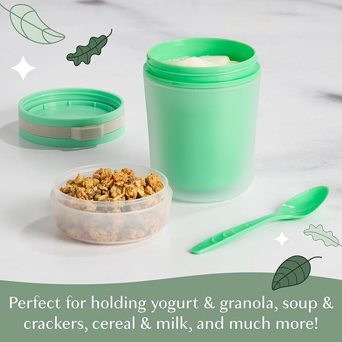 Goodful Double Wall Insulated Yogurt Container, Leak Proof Food Storage, Snack Container with Reusable Plastic Spoon, Microwave Safe, Dishwasher safe, Freezer Safe, 14-Ounce, Green