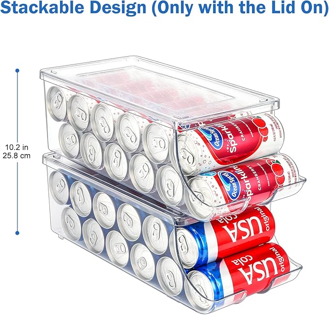 Puricon 2 Pack Soda Can Organizer Dispenser for Refrigerator, Plastic Canned Food Pop Beverage Container Holder Storage Bin with Lid for Freezer Rack Pantry Cabinet Cupboard Kitchen -Skinny