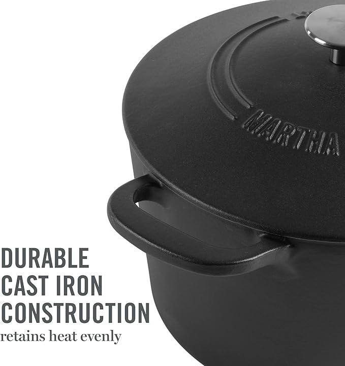 MARTHA STEWART Gatwick 7 QT Enamel Cast Iron Dutch Oven Pot with Lid, Matte Black