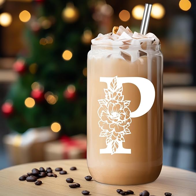Coolife Initial Glass Cup, Monogrammed Gifts for Women, 16 oz Glass Cups w/Lids Straws, Iced Coffee Smoothie Beer Tumbler w/Straw Lid - Personalized Christmas, Birthday Gifts for Her Mom Friend Woman
