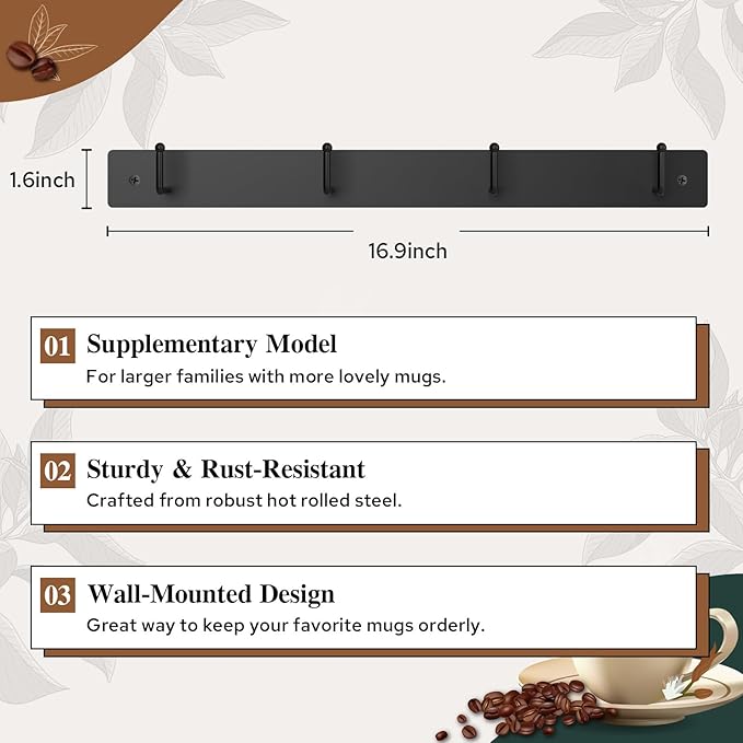 HULISEN Coffee Mug Holder Wall Mounted with 12 Hooks (Regular - Additional Mug Rack)