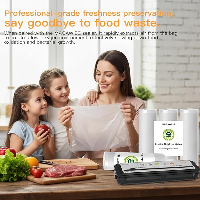 MegaWise 3 Rolls of Vacuum Sealer Machine Bags, 8 inch wide and 21.6 Feet Long for Megawise & other brand vacuum sealers Perfect for Meal Prep and Sous Vide Cooking