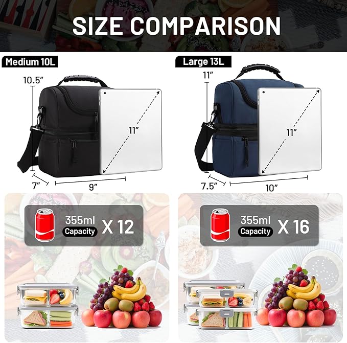 MIER Adult Lunch Box Insulated Lunch Bag Large Cooler Tote Bag for Men Women to Work Travel Daytrip, Double Deck Cooler (Navy, Large)