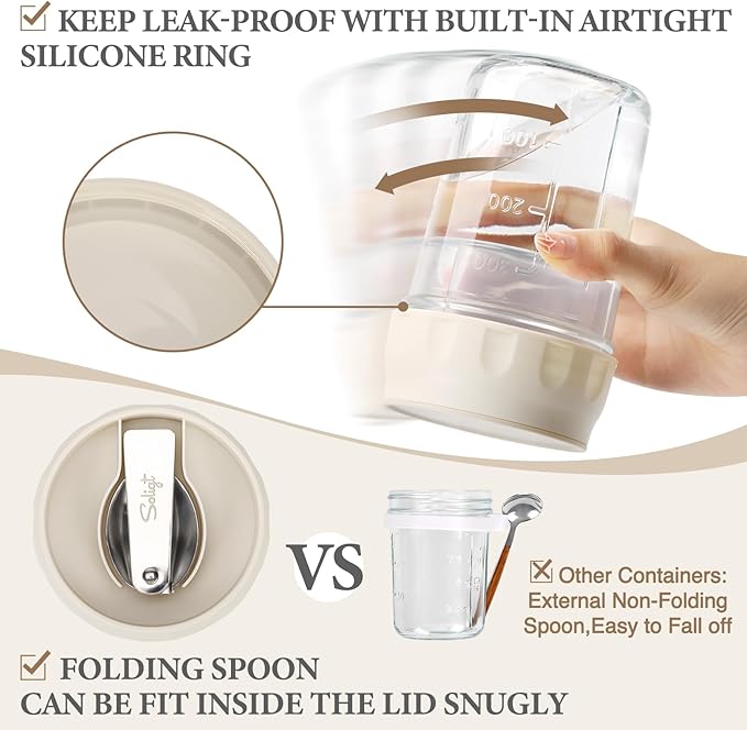SOLIGT 4 Pack Overnight Oats Containers with Lids, Folding Spoons and Divided Compartments for Fruit & Nuts, Small Glass 16oz Mason Jars for Oatmeal (4 Set-Oat White/Green/Rose/Blue)