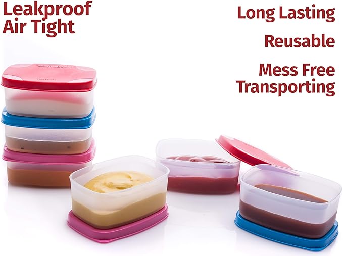SIGNORA WARE Condiment Containers with Lids- 6 pk. 3 oz.Salad Dressing to go Small Food Storage Containers- Sauce Cups Leak proof Reusable Plastic BPA free for Lunch Box Picnic Travel