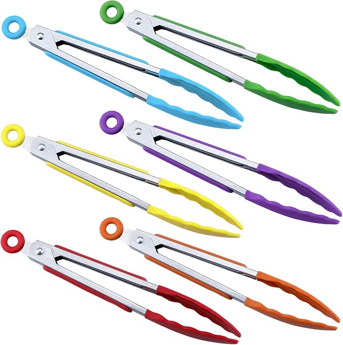 MSY BIGSUNNY Kitchen Food Tongs - 7" Mini Silicone Serving Tongs - Set of 6 (purple red orange green yellow blue)