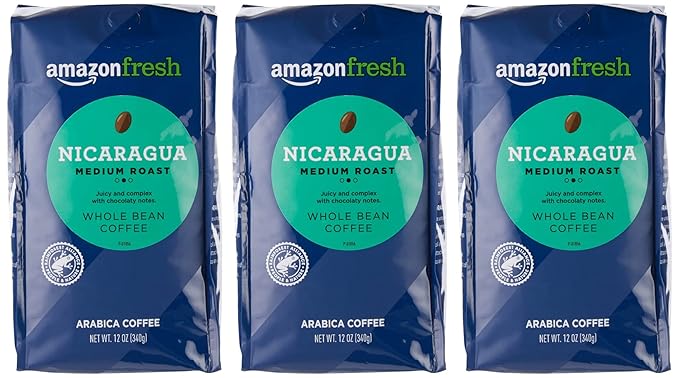 Amazon Fresh, Nicaragua Whole Bean Coffee, Medium Roast, 12 Ounce (Pack of 3)
