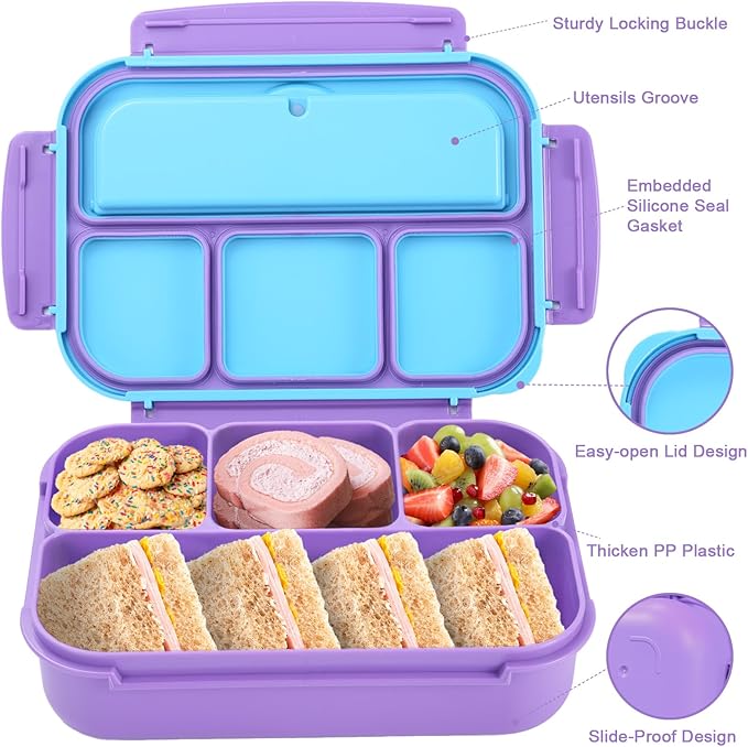 Bento Box for Kids Girls Boys, Bento Box Adult Lunch Box with 4 Compartments, Lunch Containers with Utensils, Sauce Jar, Muffin Liners for School, 40 Oz/5 Cup, Purple