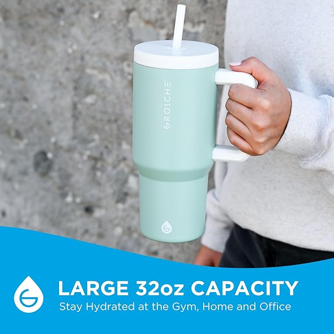 GROSCHE ASPEN 32 oz Tumbler with Handle and Straw. Extreme Insulation, Classy Design, Built to Last Insulated Stainless Steel Tumbler with Handle, Lid and Straw - Seafoam Green