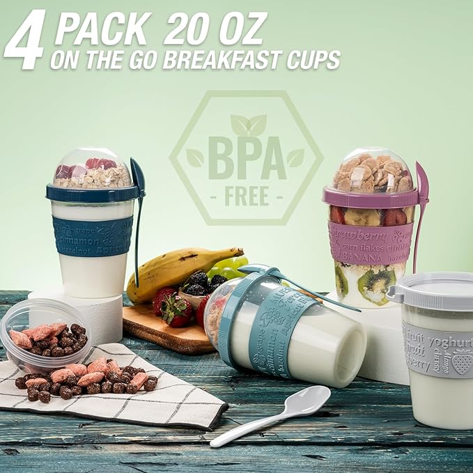 4 Pack Breakfast On The Go Yogurt Parfait Cups, Reusable Plastic Containers with Lids and Spoons, Perfect Jars for Overnight Oats Cereal Granola Oatmeal Smoothies and Snack Prep